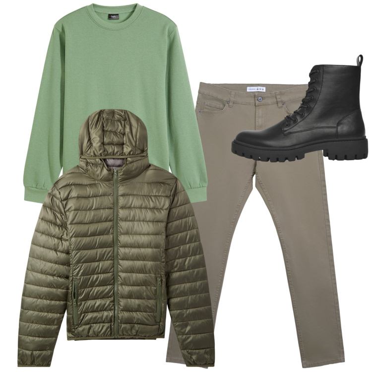Outfit uomo - Total look. Stile Casual per Tutti i giorni. Abbinamento con felpe, anfibi, pantaloni skinny, piumini.