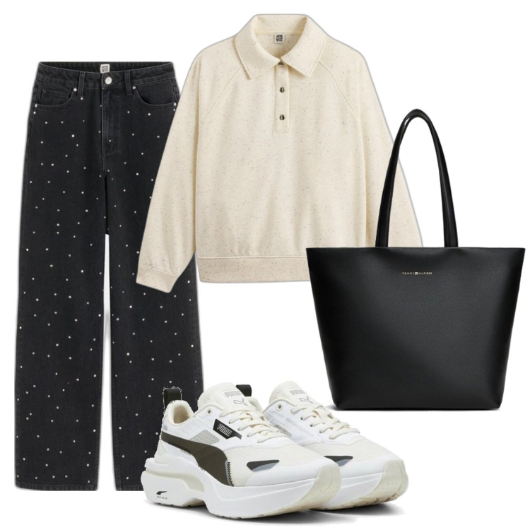 Outfit mujer - Urban look. Estilo Urban para Todos los días. Combinación con vaqueros pata de elefante, sneakers, sudaderas, bolso tote.
