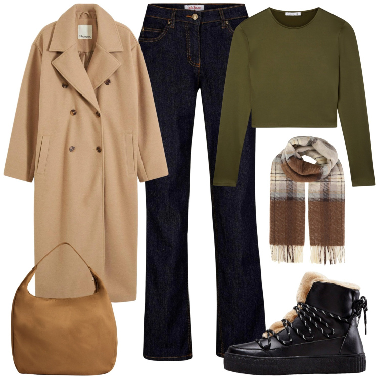 Outfit donna - Giornata in città. Stile Casual chic per Tutti i giorni. Abbinamento con jeans dritti, cappotti, sneakers alte, sciarpe, borse a mano, t-shirt.