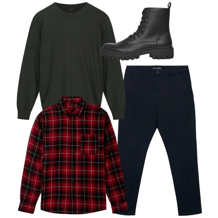 Outfit uomo - Total look. Stile Casual per Tutti i giorni. Abbinamento con anfibi, pantaloni chino, camicie, maglieria.