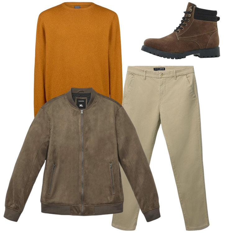 Outfit uomo - Total look luminoso. Stile Casual per Tutti i giorni. Abbinamento con stivali e stivaletti, giacche, pantaloni chino, maglieria.