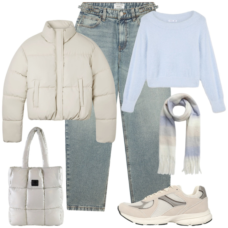 Outfit donna - In città. Stile Casual chic per Tutti i giorni. Abbinamento con sneakers, jeans, sciarpe, maglieria, bomber, shopping bag.