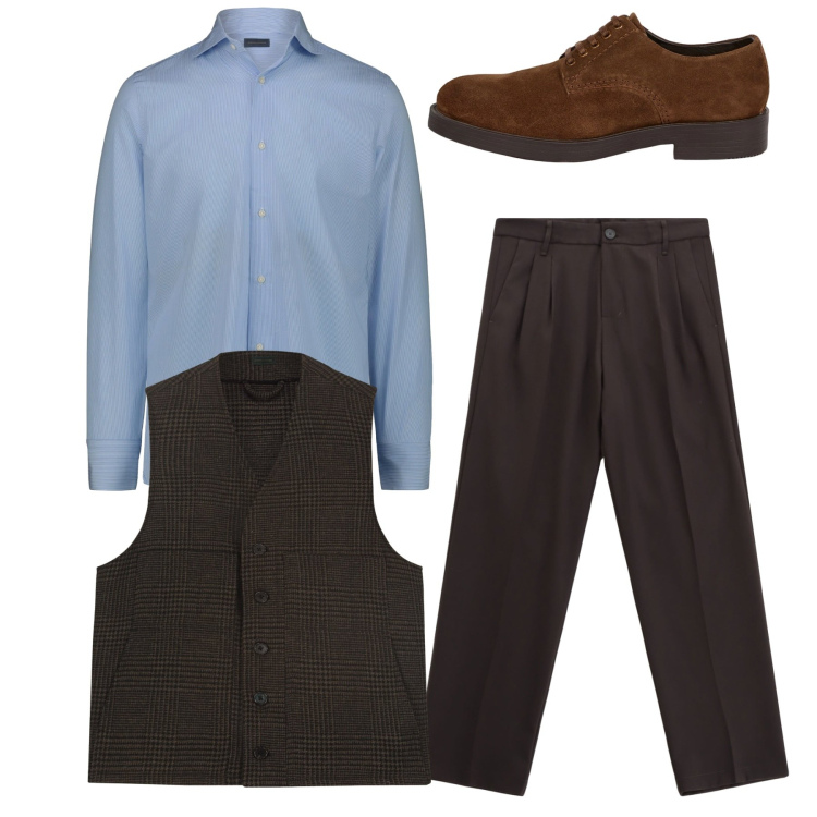 Outfit uomo - Total look. Stile Casual per Tutti i giorni. Abbinamento con pantaloni, scarpe stringate, gilet, camicie.