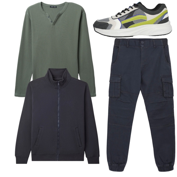 Outfit uomo - Total urban. Stile Urban per Tutti i giorni. Abbinamento con pantaloni cargo, sneakers, t-shirt, giacche.