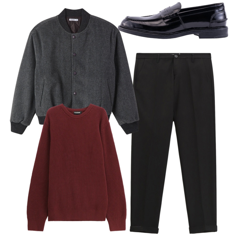 Outfit uomo - Total soft. Stile Casual per Serata speciale. Abbinamento con bomber, pantaloni, maglieria, scarpe stringate.