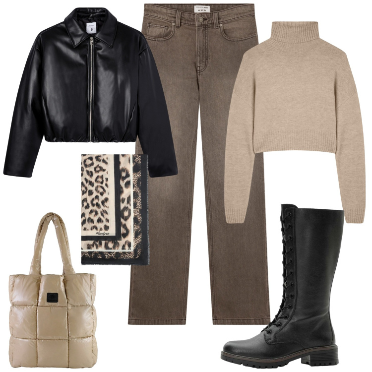 Outfit donna - Giornata in città. Stile Casual chic per Tutti i giorni. Abbinamento con stivali, jeans bootcut, giacche, maglieria, shopping bag, foulard.