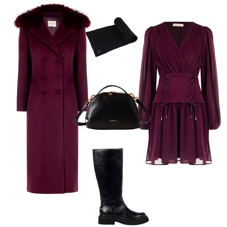 Outfit donna - Evento serata speciale. Stile Chic per Serata fuori. Abbinamento con vestiti a tubino, cappotti, stivali sopra il ginocchio, borse a mano, sciarpe.