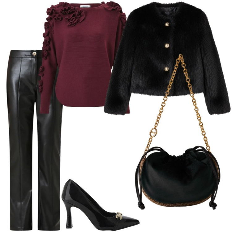 Outfit donna - Il maglione Rinascimento. Stile Chic per Serata fuori. Abbinamento con pantaloni, ecopellicce, maglieria, décolleté, borse a spalla.