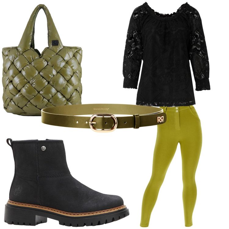 Outfit donna - Verde e nero. Stile Casual per Tutti i giorni. Abbinamento con stivaletti, maglieria, cinture, pantaloni skinny, borse tote.