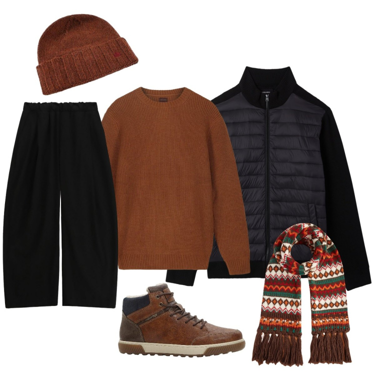 Outfit uomo - Sotto la pioggia. Stile Urban per Tutti i giorni. Abbinamento con sneakers alte, piumini, pantaloni, cappelli, sciarpe, maglieria.