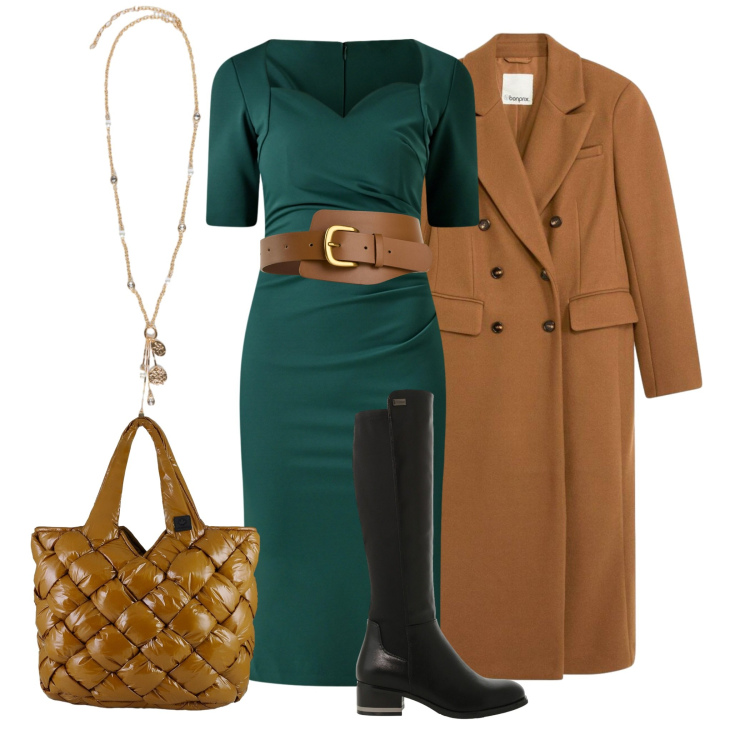 Outfit donna - Pranzo con gli amici. Stile Chic per Tutti i giorni. Abbinamento con cinture, cappotti, vestiti a tubino, stivali sopra il ginocchio, borse tote, ciondoli.