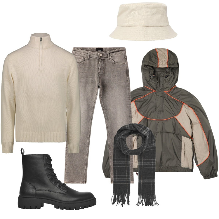 Outfit uomo - La pioggia sensazione di tranquillità. Stile Casual per Tutti i giorni. Abbinamento con giacche, cappelli con visiera, anfibi, jeans, sciarpe, maglieria.