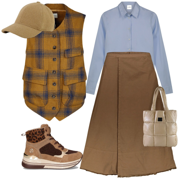 Outfit donna - All\' inglese. Stile Casual chic per Scuola/Università. Abbinamento con shopping bag, cappelli, gonne lunghe, camicie, gilet, sneakers alte.