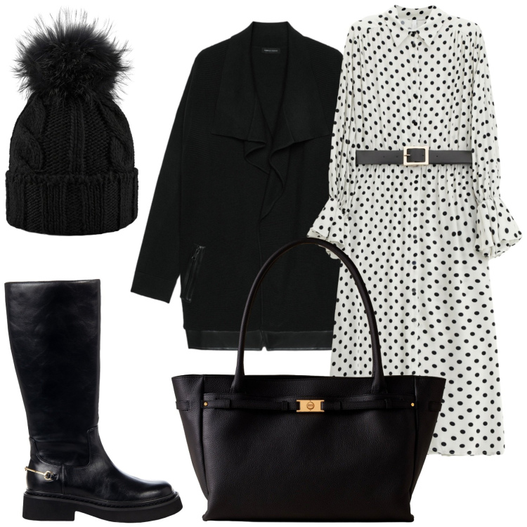 Outfit donna - Il freddo a pois. Stile Glamour per Tutti i giorni. Abbinamento con stivali sopra il ginocchio, vestiti midi/longuette, shopping bag, berretti, cardigans.