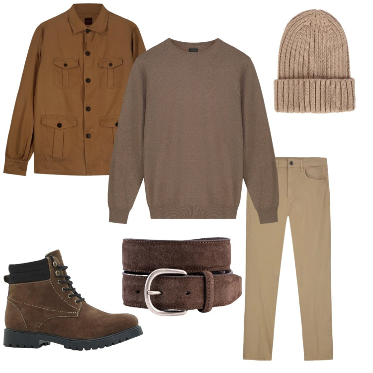 Outfit uomo - Look sportivo in diverse tonalità. Stile Casual Abbinamento con stivali e stivaletti, pantaloni, berretti, cinture, cappotti, maglieria.