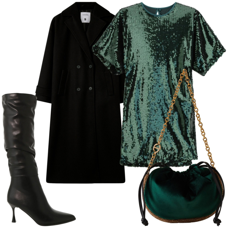 Outfit donna - Serata chic. Stile Chic per Serata fuori. Abbinamento con vestiti corti, cappotti, stivali sopra il ginocchio, borse a spalla.