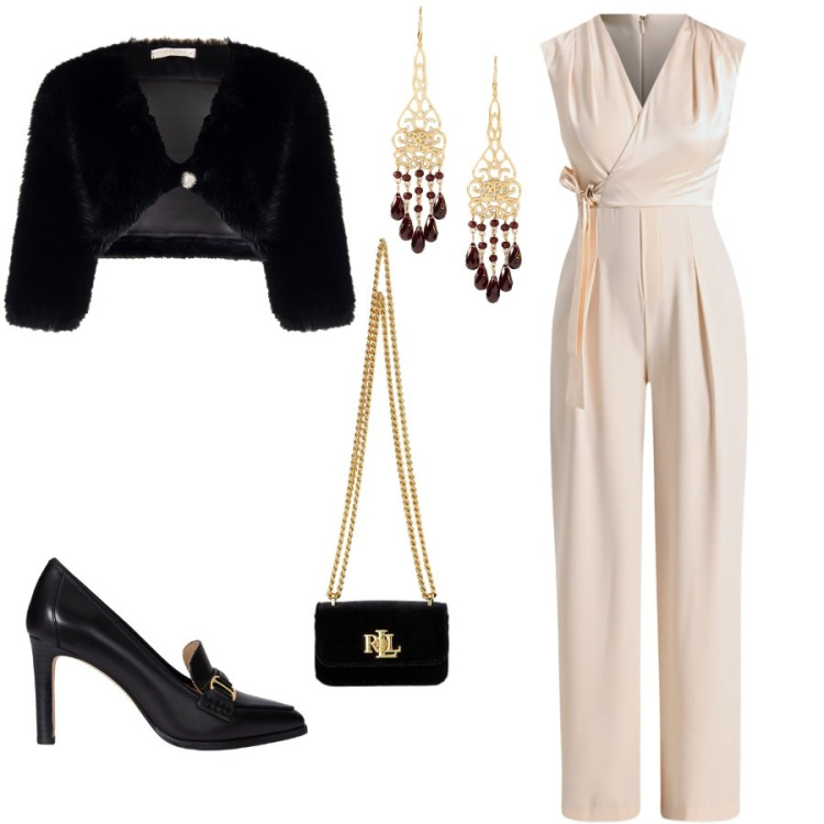 Outfit donna - A teatro. Stile Chic per Serata fuori. Abbinamento con vestiti chemisier, bolero, pochette, décolleté, orecchini.