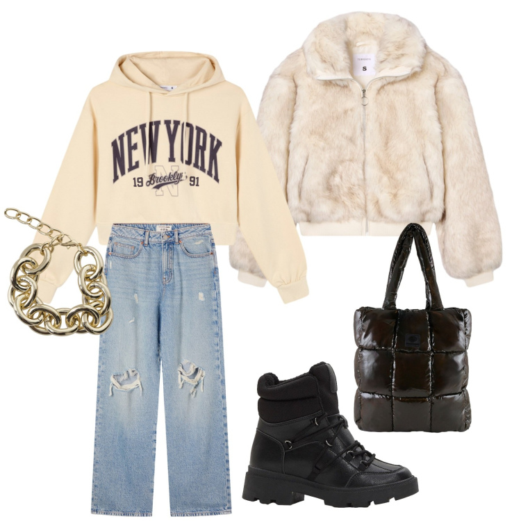 Outfit donna - Primi freddi. Stile Casual chic per Scuola/Università. Abbinamento con stivaletti, felpe con cappuccio, jeans strappati, ecopellicce, braccialetti, shopping bag.