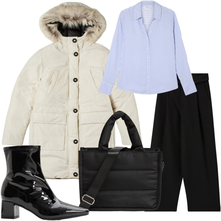 Outfit donna - Black Friday Chic. Stile Chic per Tutti i giorni. Abbinamento con stivaletti, parka, shopping bag, pantaloni, camicie.