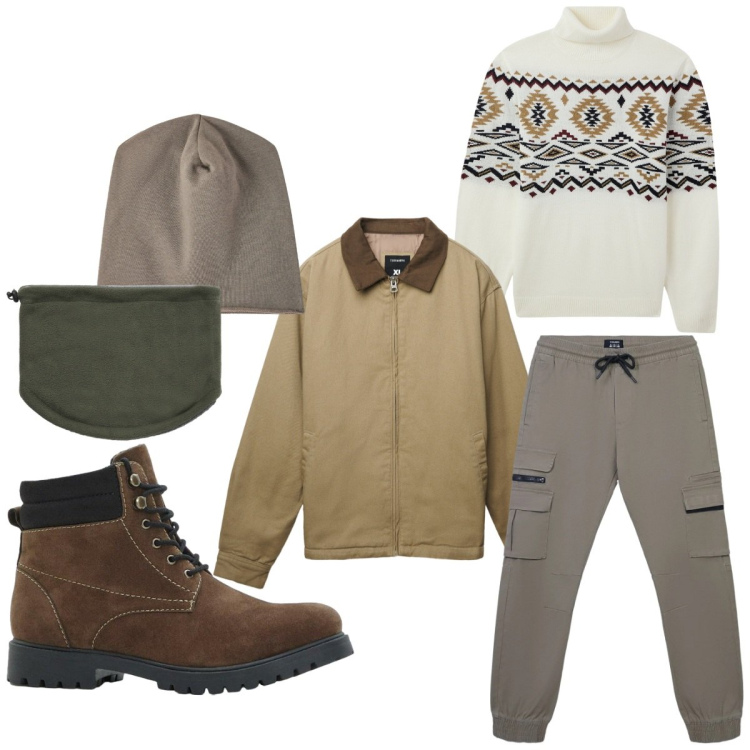 Outfit uomo - Novembre e la sua pioggerella. Stile Casual Abbinamento con stivali e stivaletti, maglieria, pantaloni cargo, berretti, cappotti, scaldacollo.