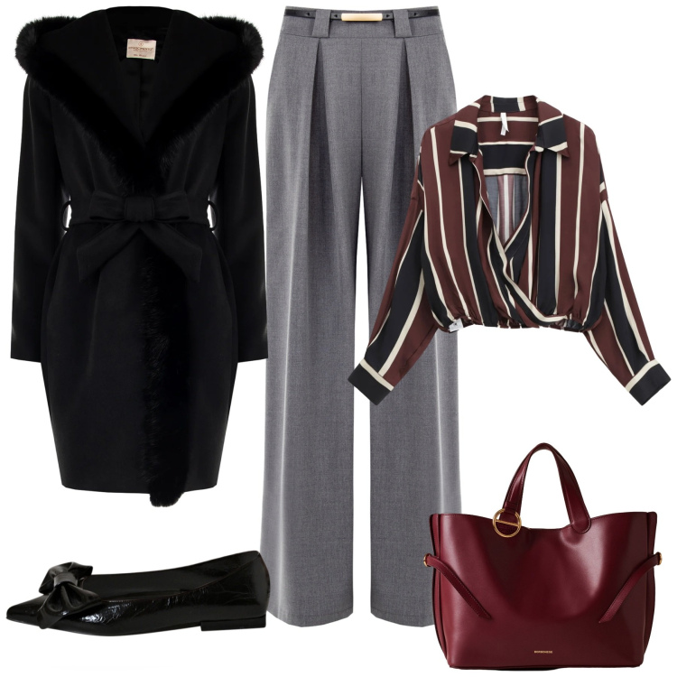 Outfit donna - Serata con stile. Stile Chic per Serata fuori. Abbinamento con cappotti, pantaloni a palazzo, ballerine, camicie, shopping bag.