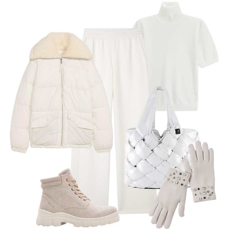 Outfit donna - City total white. Stile Casual per Tutti i giorni. Abbinamento con stivaletti, giacche, guanti, maglieria, pantaloni, borse tote.