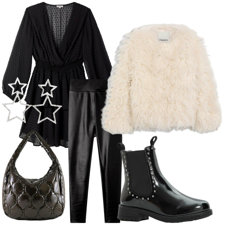 Outfit donna - Look adatto per tutte!!!. Stile Casual per Tutti i giorni. Abbinamento con stivaletti chelsea, ecopellicce, vestiti corti, orecchini, leggings, borse tote.