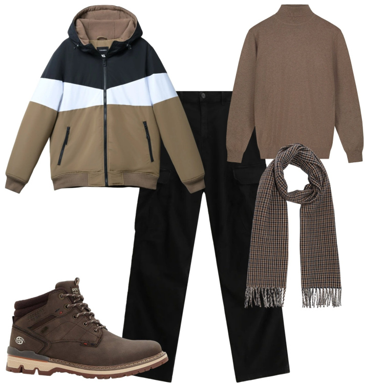 Outfit uomo - Total look #2292207. Stile Urban per Tutti i giorni. Abbinamento con stivali e stivaletti, piumini, pantaloni cargo, maglieria, sciarpe.