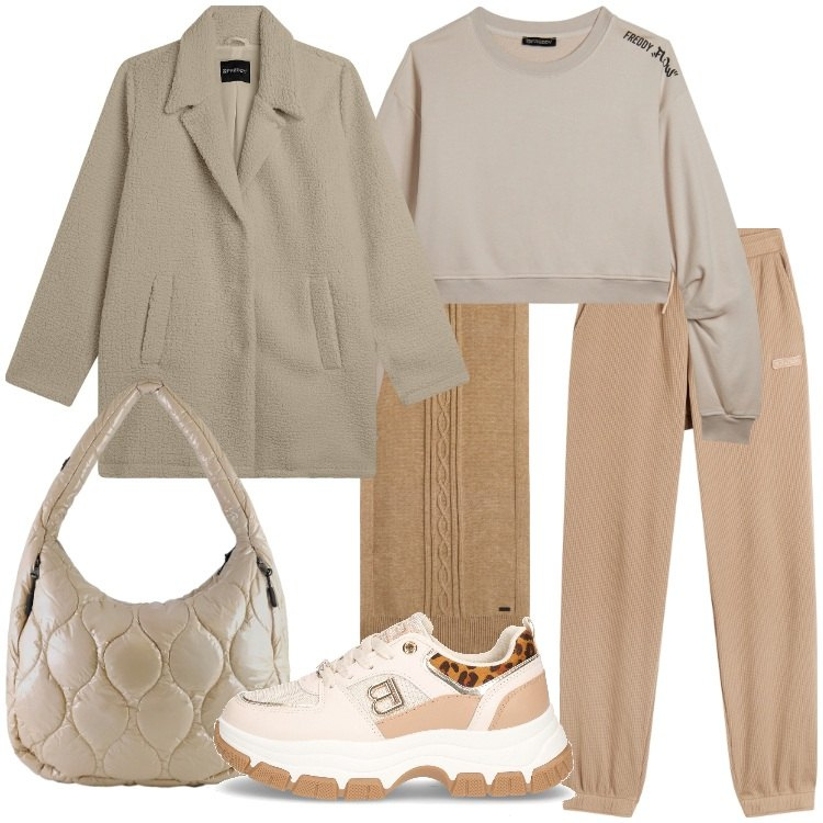 Outfit donna - Sporty-chic autunnale. Stile Sporty chic per Tutti i giorni. Abbinamento con cappotti, pantaloni sportivi, sciarpe, felpe, borse tote, sneakers.