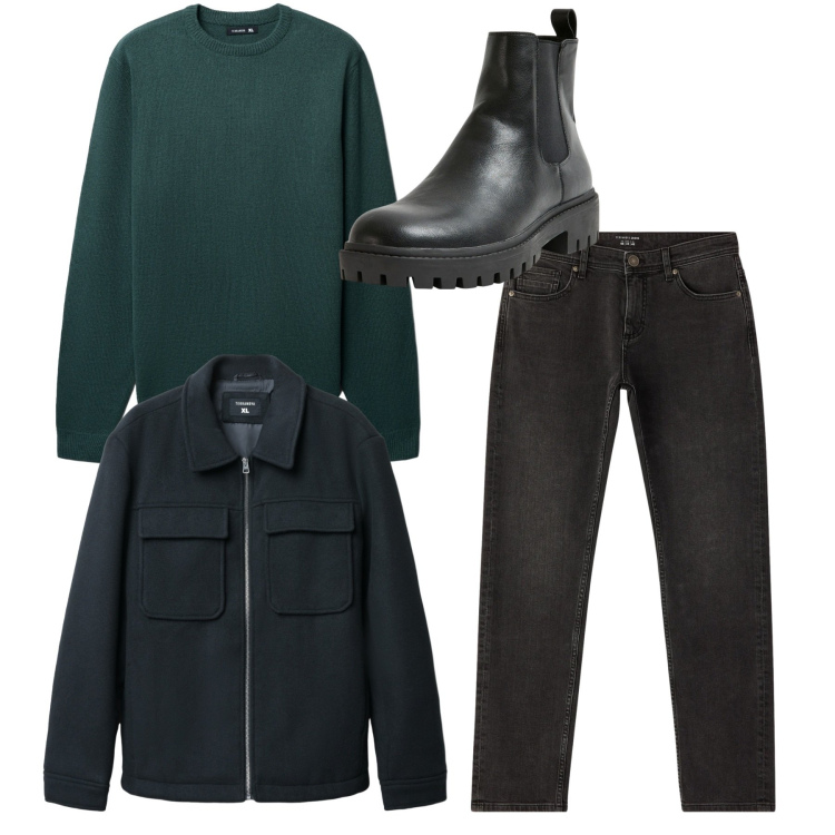 Outfit uomo - Total look. Stile Casual per Tutti i giorni. Abbinamento con maglieria, cappotti, stivali e stivaletti, jeans.