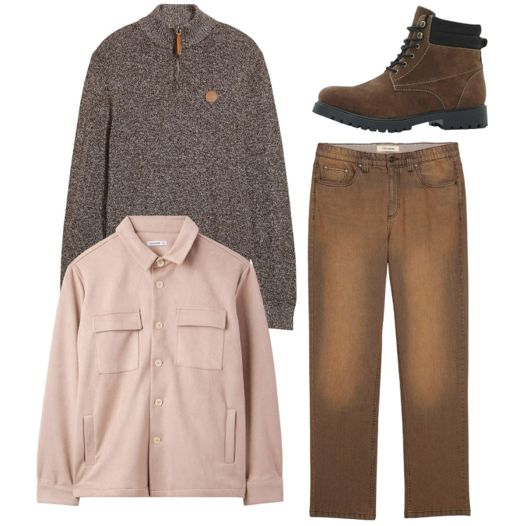 Outfit uomo - Total look. Stile Casual per Tutti i giorni. Abbinamento con maglieria, stivali e stivaletti, jeans, cappotti.