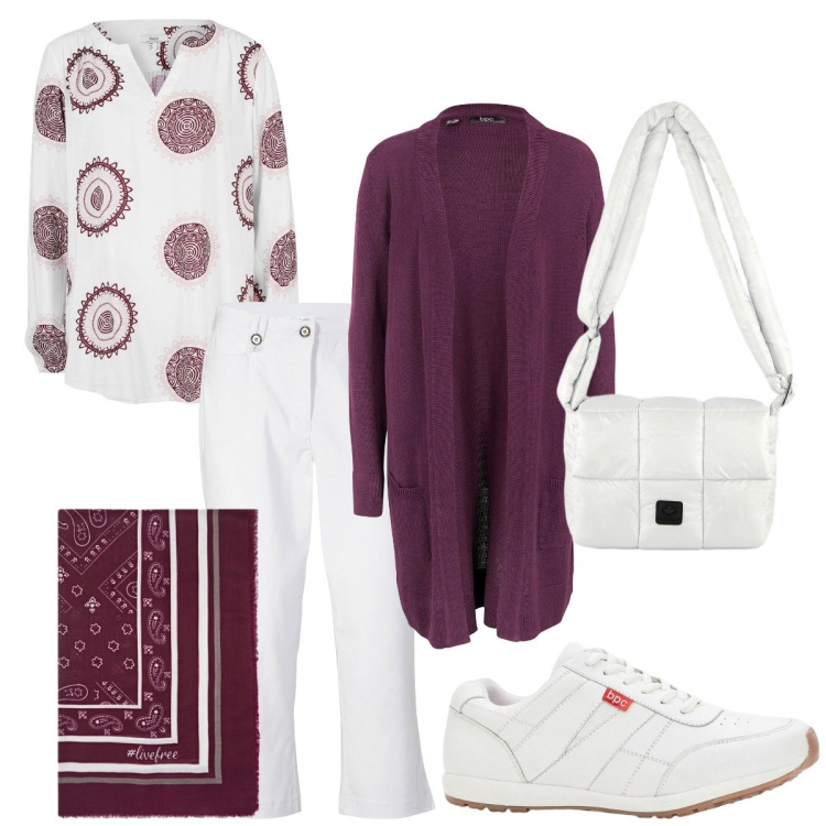 Outfit donna - Un look sempre intramontabile. Stile Trendy per Tutti i giorni. Abbinamento con cardigans, tuniche, sneakers, pantaloni capri, borse a spalla, foulard.