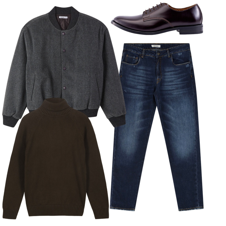 Outfit uomo - Total look. Stile Casual per Tutti i giorni. Abbinamento con bomber, jeans dritti, scarpe stringate, pullovers.