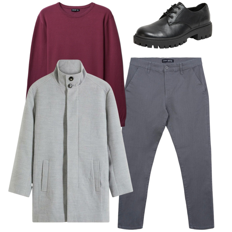 Outfit uomo - Total look. Stile Casual per Tutti i giorni. Abbinamento con cappotti, scarpe stringate, pantaloni chino, maglieria.