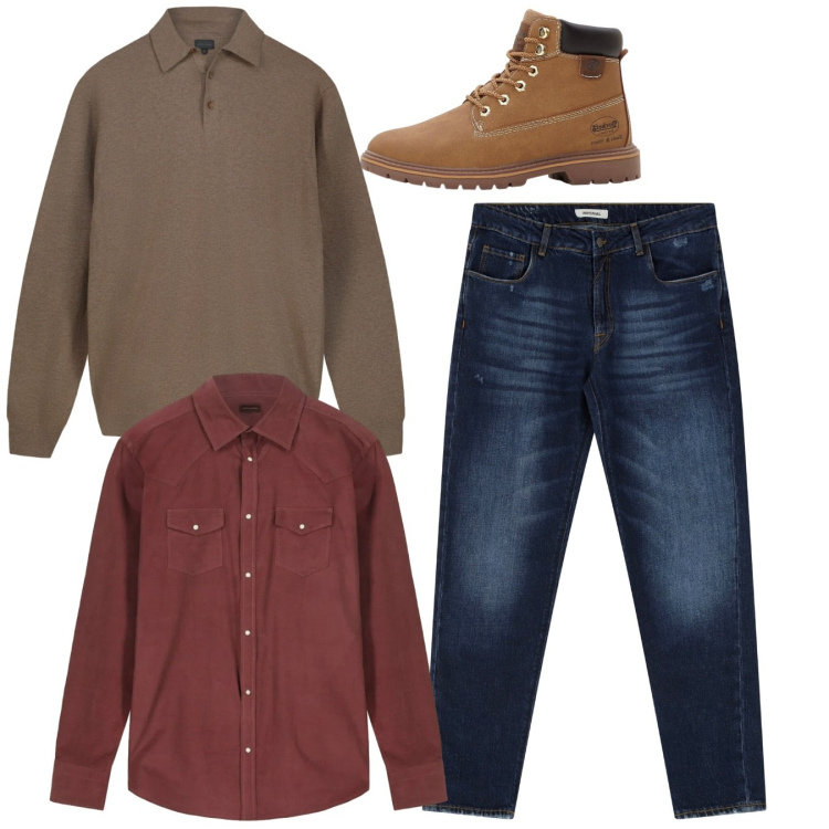 Outfit uomo - Total look. Stile Casual per Tutti i giorni. Abbinamento con stivali e stivaletti, jeans dritti, camicie, maglieria.