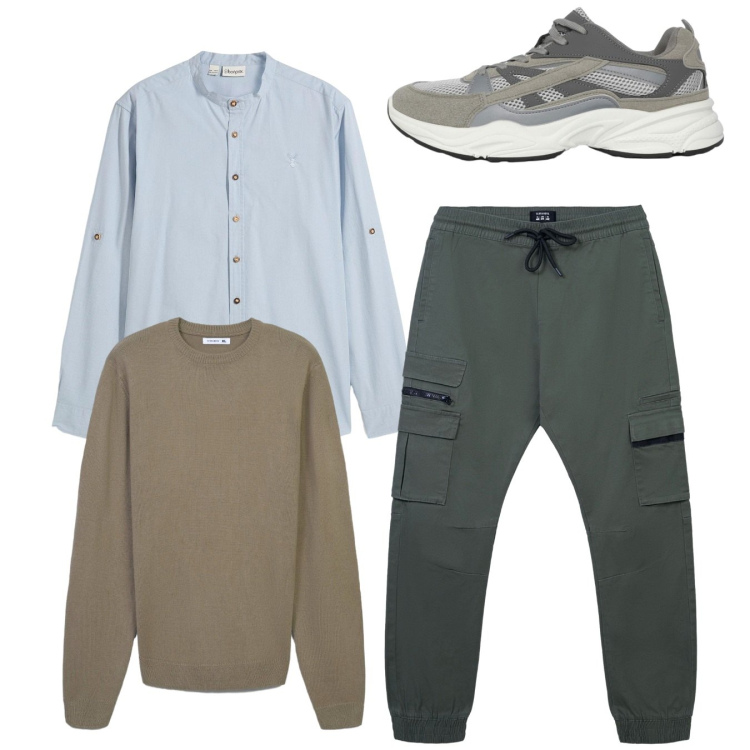 Outfit uomo - Total look. Stile Casual per Tutti i giorni. Abbinamento con camicie, maglieria, sneakers, pantaloni cargo.