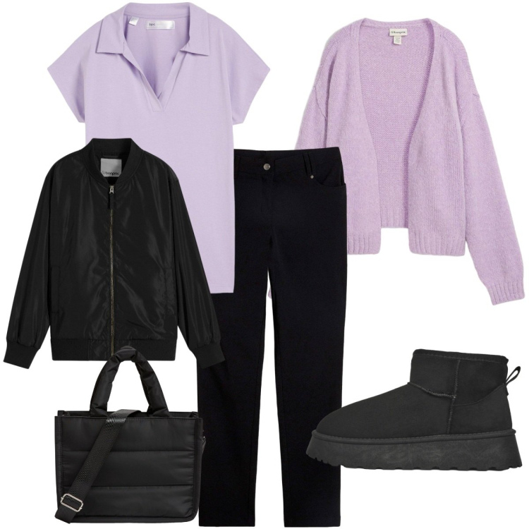Outfit donna - Purple and black. Stile Casual per Tutti i giorni. Abbinamento con cardigans, pantaloni, bomber, maglieria, stivaletti, shopping bag.
