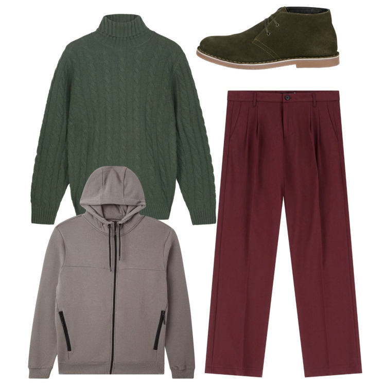Outfit uomo - Total look. Stile Casual per Tutti i giorni. Abbinamento con felpe con cappuccio, pantaloni, stivali e stivaletti, maglieria.