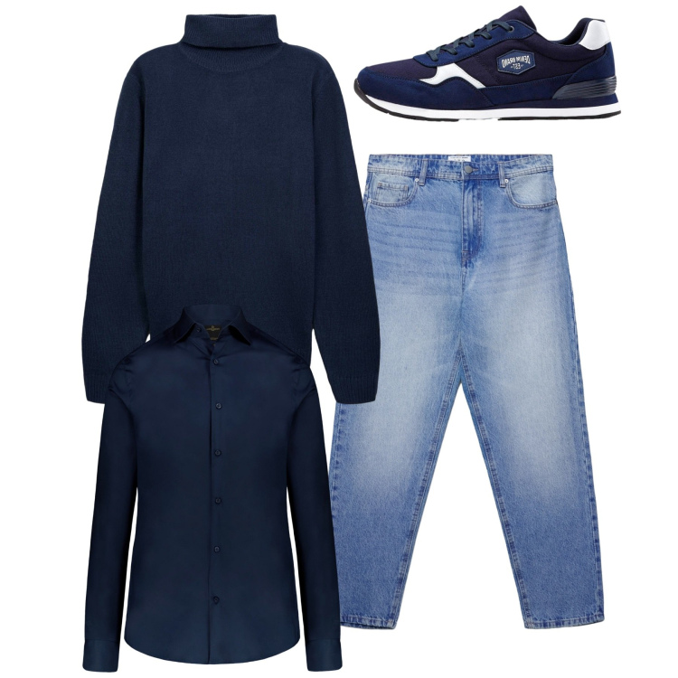 Outfit uomo - Total blue. Stile Casual per Tutti i giorni. Abbinamento con sneakers, maglieria, jeans, camicie.