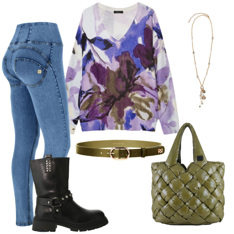 Outfit donna - Total look #2292225. Stile Urban per Tutti i giorni. Abbinamento con cinture, stivali, jeans skinny, borse tote, ciondoli, maglieria.