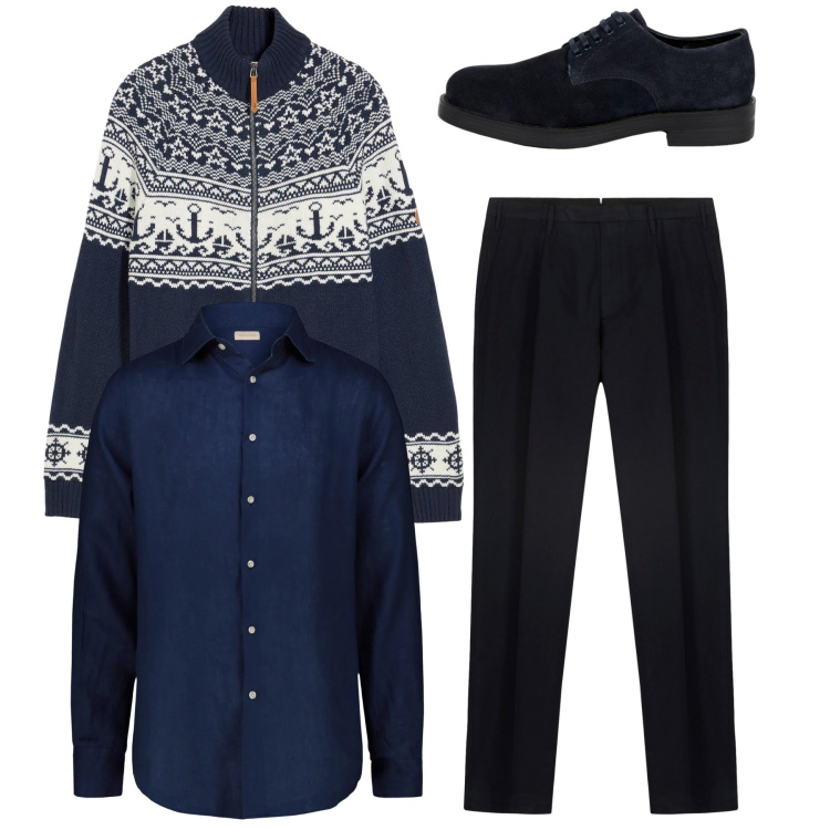Outfit uomo - Total look. Stile Casual per Tutti i giorni. Abbinamento con cardigans, scarpe stringate, camicie, pantaloni.
