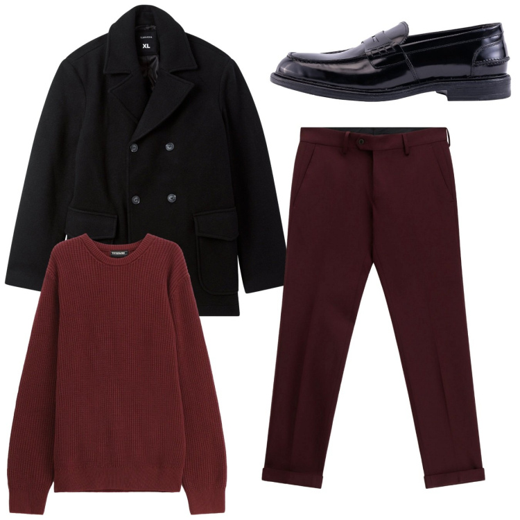 Outfit uomo - Total look. Stile Casual per Tutti i giorni. Abbinamento con caban, pantaloni, maglieria, scarpe stringate.