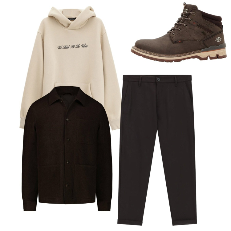 Outfit uomo - Total easy. Stile Casual per Tutti i giorni. Abbinamento con stivali e stivaletti, pantaloni, felpe con cappuccio, cappotti.