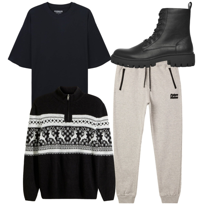 Outfit uomo - Almost total black. Stile Urban per Tutti i giorni. Abbinamento con maglieria, anfibi, pantaloni, t-shirt.