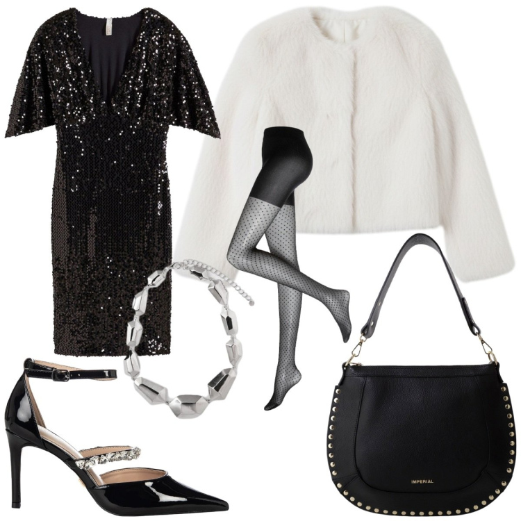 Outfit donna - Stile glamour per una serata con gli ami. Stile Glamour per Serata fuori. Abbinamento con vestiti corti, collant, ecopellicce, décolleté, borse a spalla, ciondoli.