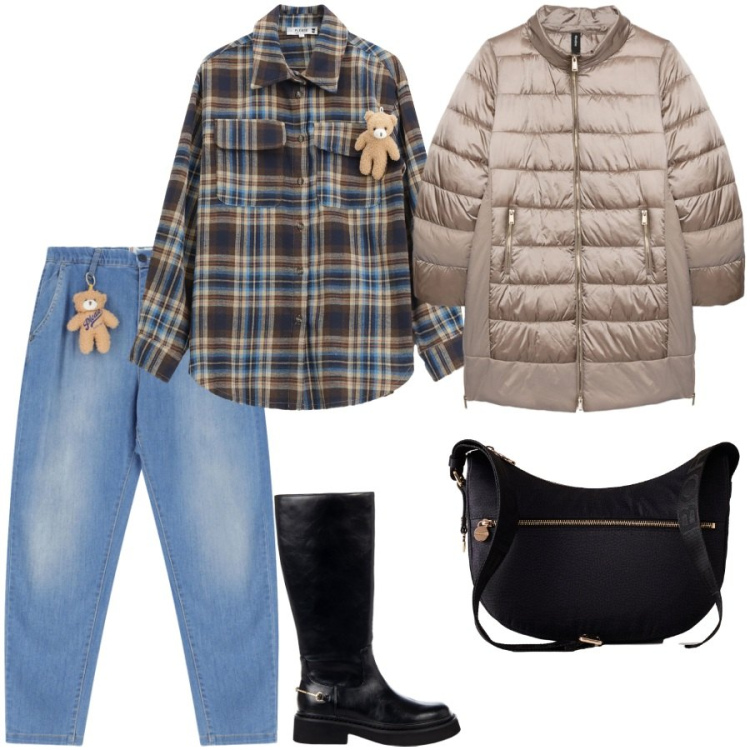 Outfit donna - Total look #2292236. Stile Casual per Scuola/Università. Abbinamento con jeans, camicie, stivali sopra il ginocchio, borse a spalla, piumini.