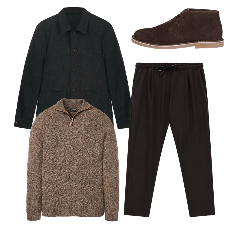 Outfit uomo - Total look. Stile Casual per Tutti i giorni. Abbinamento con maglieria, pantaloni, stivali e stivaletti, cappotti.