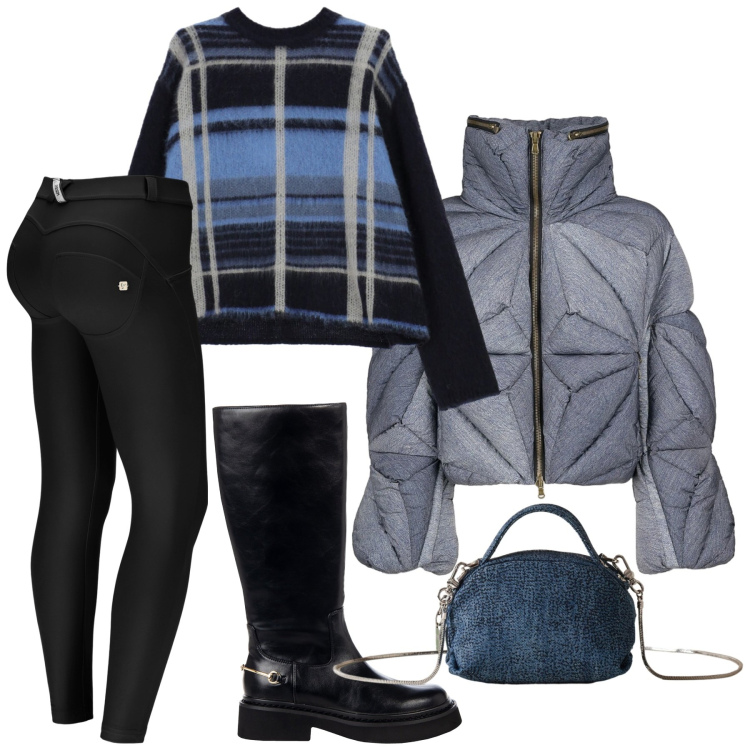 Outfit donna - Total look #2292240. Stile Trendy per Tutti i giorni. Abbinamento con stivali sopra il ginocchio, maglieria, borse a mano, pantaloni skinny, piumini.