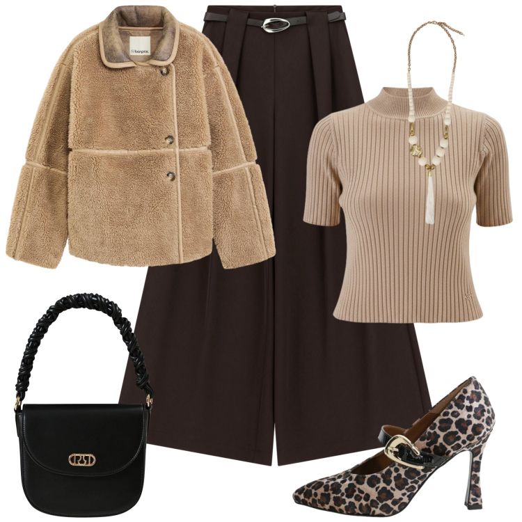 Outfit donna - Serata fuori. Stile Chic per Serata fuori. Abbinamento con blazer, pullovers, borse a mano, pantaloni a palazzo, décolleté, ciondoli.