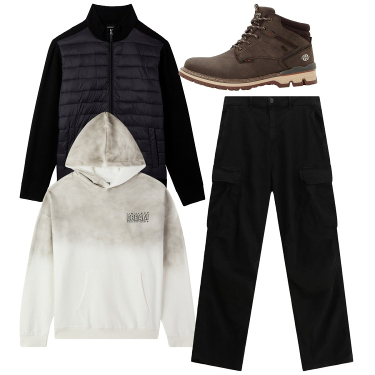 Outfit uomo - Total look. Stile Casual per Tutti i giorni. Abbinamento con stivali e stivaletti, felpe con cappuccio, piumini, pantaloni cargo.